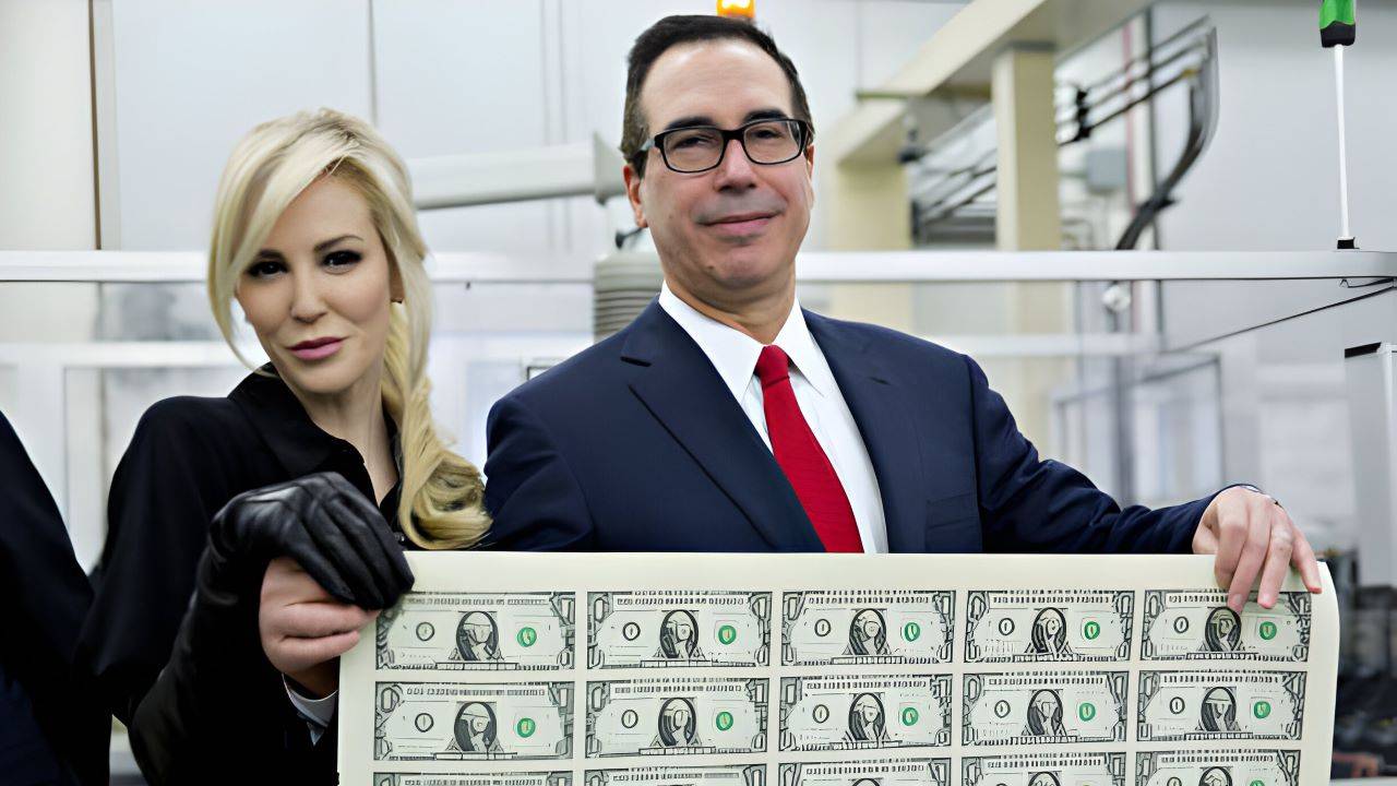 Steven Mnuchin U.S. Treasury Secretary Right And His Wife Louise Linton Hold 2017 50 Subject Uncut Sheet Of 1 Dollar Notes Bearing Mnuchin Photo