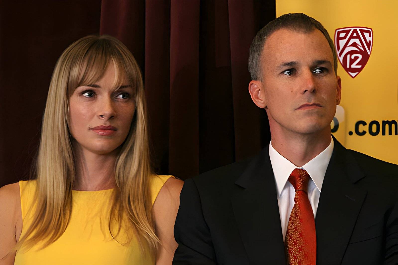 Amanda and Andy Enfield look on during the press conference to introduce Andy Enfield as USC's new basketball head coach, Photo